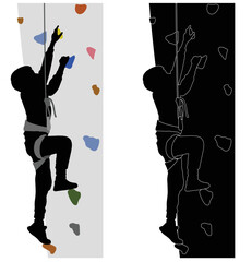 boy training on climbing rock wall silhouette - vector . bouldering training silhouette.