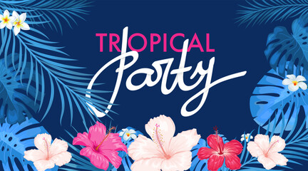 Naklejka premium Tropical party design template. Vivid bright colors. Blue palm, monstera leaves and bright colorful hibiscus and other tropic flowers background. Best for promo posters, invitations, flyers etc. 