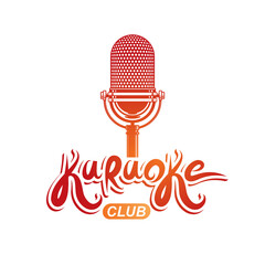 Karaoke club lettering, nightclub party invitation vector emblem created using stage microphone audio equipment.