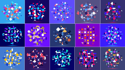 Abstract geometric designs big set vector pattern compositions, colorful 70s retro style template art, creative elegant backgrounds, modular abstractions.