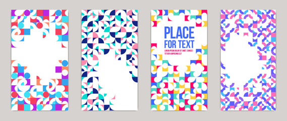 Geometric design covers vector set, colorful modular constructor design backgrounds, flyer templates in retro 70s style, art pattern square and circle shapes.