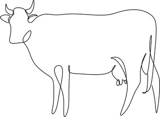 Cow on pasture in continuous line art drawing style. Grazing cow abstract minimalist black linear sketch isolated on white background. Vector illustration