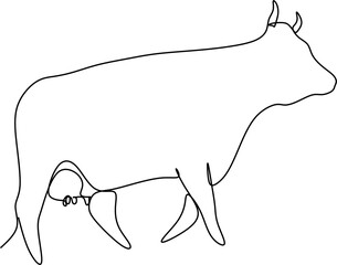 Cow on pasture in continuous line art drawing style. Grazing cow abstract minimalist black linear sketch isolated on white background. Vector illustration