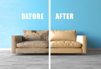 Before and after cleaning sofa. Blue soft sofa dirt stains. Sofa straight view, dirty half and...