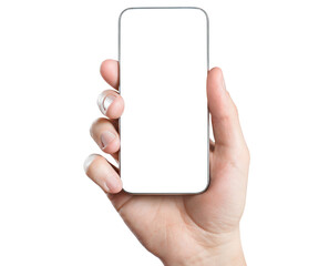 Hand holding smartphone, isolated on white background