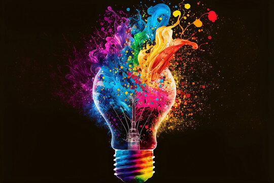 Lightbulb eureka moment with Impactful and inspiring artistic colourful explosion of paint energy. Generative AI, this image is not based on any original image, character or person.	
