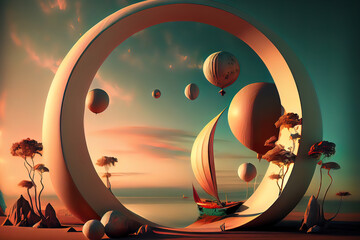 A surreal spherical portal on an alien planet with sea and mountains. Fantastic bright background. Gen Art