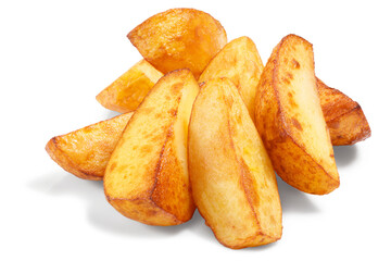 Potato wedges. Pile of quartered baked fried potatoes or potato chips isolated png - obrazy, fototapety, plakaty