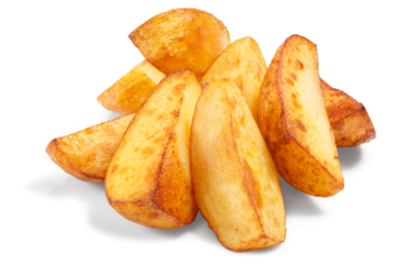 Potato wedges. Pile of quartered baked fried potatoes or potato chips isolated png