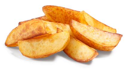 Pile of quartered baked fried potatoes or potato chips isolated png
