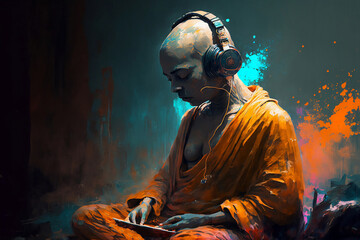Shaven headed monk wearing orange robes sat listening to a tablet with large headphones. Generative AI, this image is not based on any original image, character or person. - obrazy, fototapety, plakaty