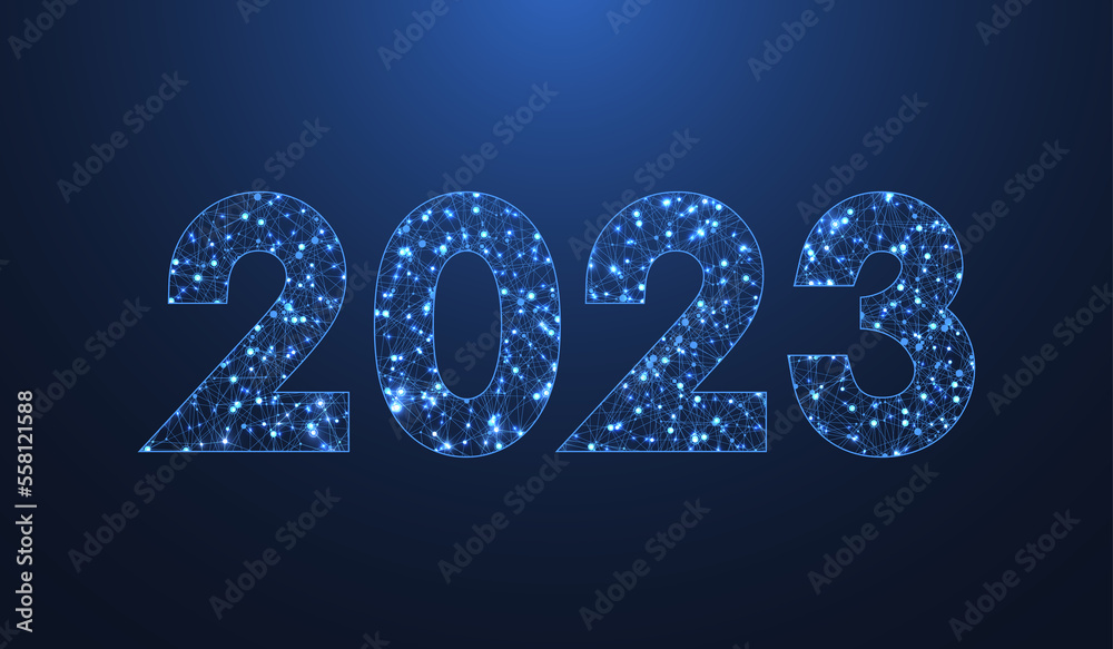 Poster Modern futuristic technology template for Merry Christmas and Happy New Year 2023 with connected lines and dots. Plexus geometric effect. Global network connection, illustration.