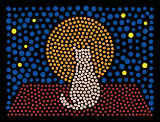 landscape of cat on the roof at night made with dots