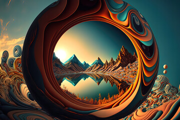 A fantastic spherical portal on an alien planet with desert and dunes. Surreal bright color and background. Gen Art