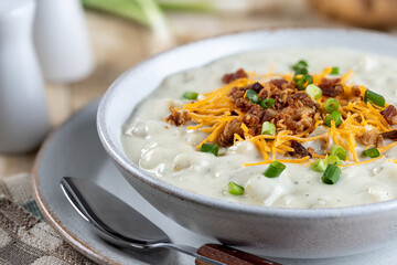 Cream of potato soup with bacon, cheese and green onions