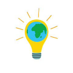 Vector illustration of lit light bulb with earth inside. Renewable alternative energy source sustainability environment concept. International hiring human resources