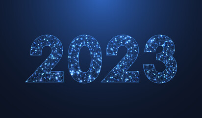 Modern futuristic technology template for Merry Christmas and Happy New Year 2023 with connected lines and dots. Plexus geometric effect. Global network connection, illustration.