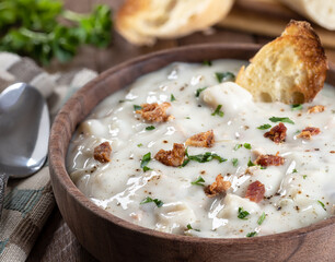 New England clam chowder with bacon, parsley and toasted bread