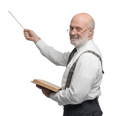 Smiling confident professor teaching and pointing at the blackboard