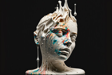 Head of a mannequin with paint pouring from the top. 