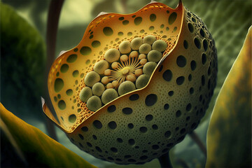 Fototapeta premium Trypophobia concept in a plant. The phobia or excessive fear of holes or protuberance. Generative AI.