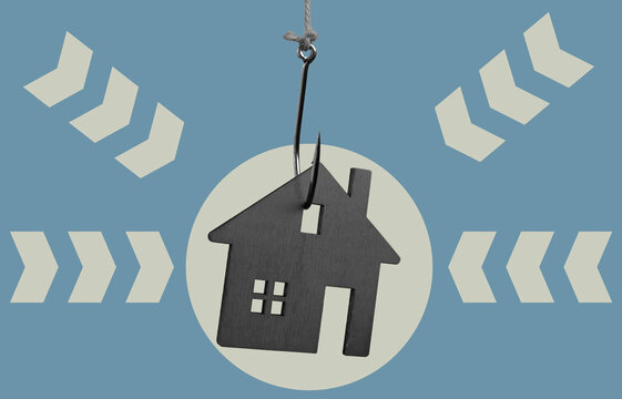 House model on a hook. Mortgage fraud or rental scam.