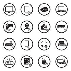 Device Connection Icons. Black Flat Design In Circle. Vector Illustration.
