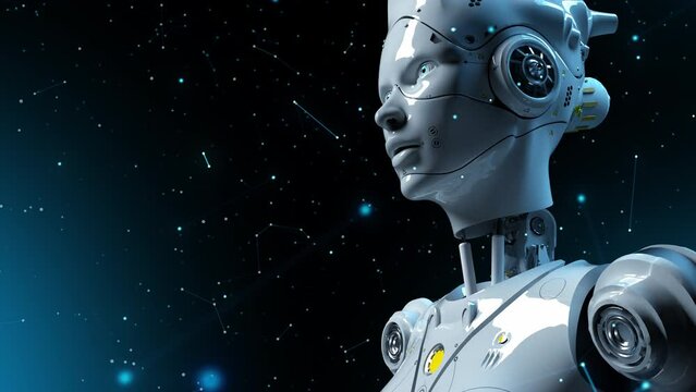 Android woman looking into the distance. Animation on artificial intelligence and technology