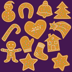 Collection of Christmas gingerbread. Gingerbread curly on a purple background. Vector