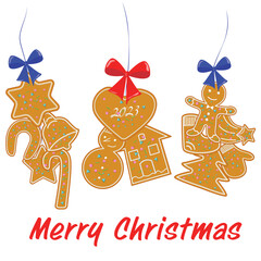 Collection of Christmas gingerbread. Suspended curly gingerbread on a string with a bow. Vector, eps10