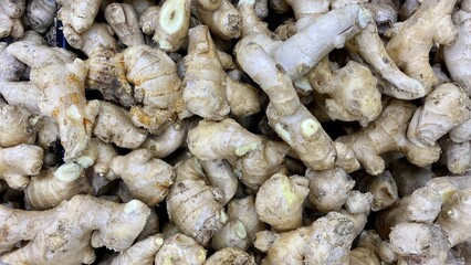 Close-up of ginger in the supermarket, Houston, Texas, USA