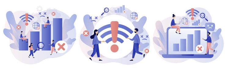 Naklejka premium No internet connection. Wireless connectivity disconnect. Error connection wifi. No signal network. Modern flat cartoon style. Vector illustration on white background