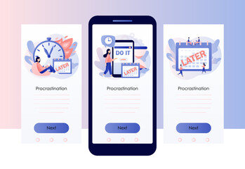 Fototapeta na wymiar Procrastination concept. Do it later. Tiny people procrastinating instead of working. Unprofitable time spending. Screen template for mobile, smartphone app. Modern flat cartoon style. Vector 