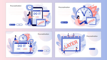 Procrastination concept. Do it later. Tiny people procrastinating instead of working. Screen template for landing page, template, ui, web, mobile app, poster, banner, flyer. Vector illustration