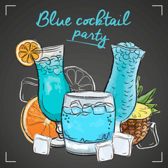 Blue cocktail party poster, party flyer. Vector sketch hand drawn illustration, fresh summer alcoholic drinks