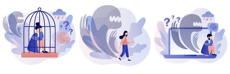 Inner fears concept. Phobias, anxiety, panic attack. Psychology, solitude, fear or mental health problems, depression. Modern flat cartoon style. Vector illustration on white background
