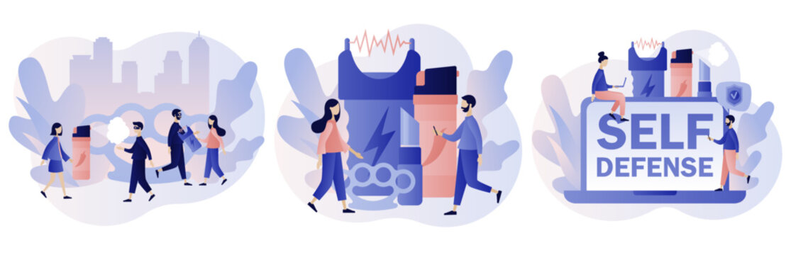Self defense. Electric shock, pepper spray, brass knuckle, knife. Tiny people arming against bandits and hooligans. Modern flat cartoon style. Vector illustration on white background