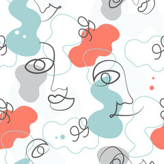 Seamless vector pattern with abstract faces - male and female and color spots
