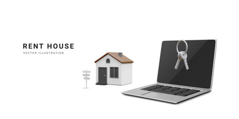 3d realistic online booking banner. Mobile application for book hotel, accommodation or apartment for vacation in cartoon style. Landing page of online rent reservation. Vector illustration