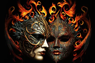 Poster Venetian carnival mask. Gold color, colored feathers. Happy carnival festival, party. Woman face mask on dark background. 3d illustration © Mars0hod