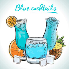 Blue alcoholic cocktails, vector hand drawn illustration, fresh summer drinks. Party poster, party flyer 	