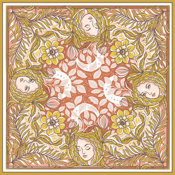 Silk scarf temptate with flowers, leaves and girls faces. Hand drawn outline illustrations in art nouveau style
