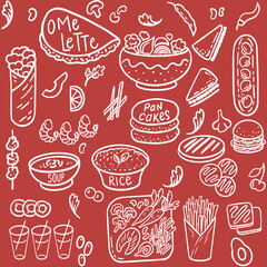 Cafe, snack food. Vector seamless pattern with hand drawn outline illustrations
