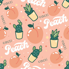 Cacti and peaches. Seamless pattern with vector illustration
