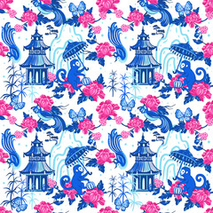Pagodas, monkeys, birds, butterflies and blooming branches with flowers. Seamless pattern with vector hand drawn illustrations with chinoiserie theme
