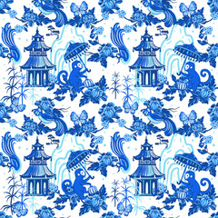 Monkey with umbrella and pagodas. Seamless pattern with hand drawn illustrations with chinoiserie theme
