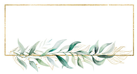Rectangular golden frame made of green watercolor leaves, wedding illustration