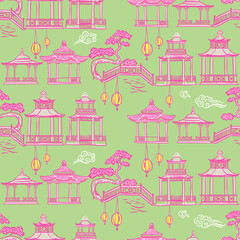 Chinese pagodas in the valley. Seamless vector pattern with hand drawn illustration in chinoiserie style
