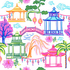 Pagodas and trees. Seamless vector pattern with hand drawn sketch illustrations with chinoiserie theme
