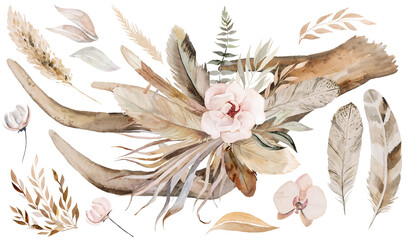  Watercolor deer antlers with tropical leaves and flowers bouquet, Boho Wedding illustration © katrinshine